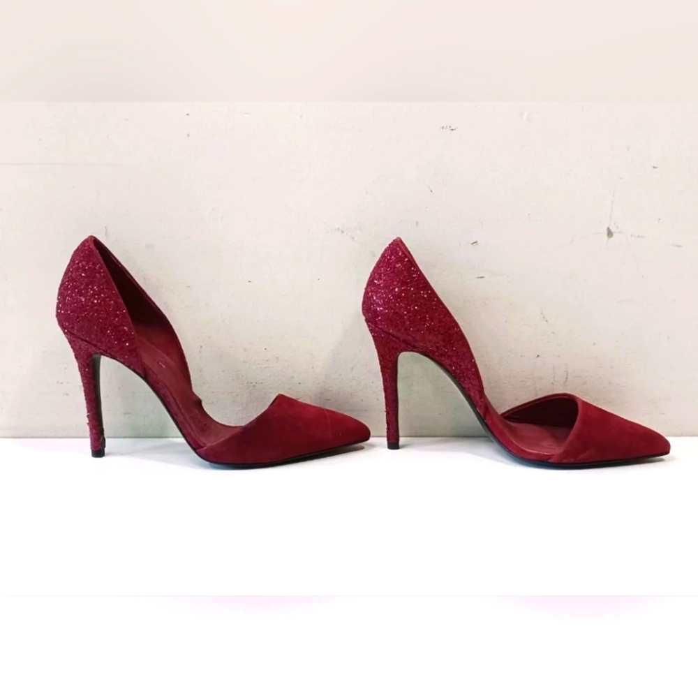 Coach Designer Hollis Wine Red Sparkle Hlitter Suede Heel Pumps Size 9 - Picture 2 of 7